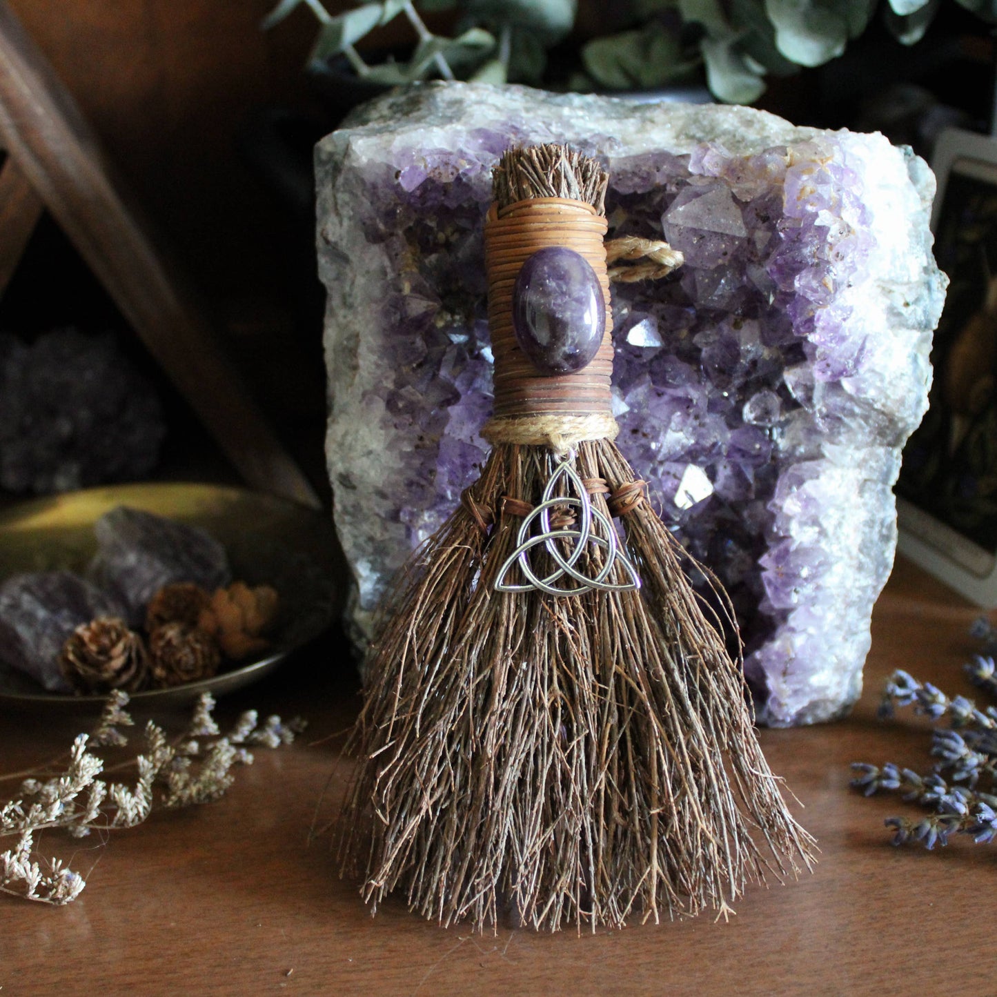 Triquetra Witch's Broom, Witchy Altar Crystal Besom