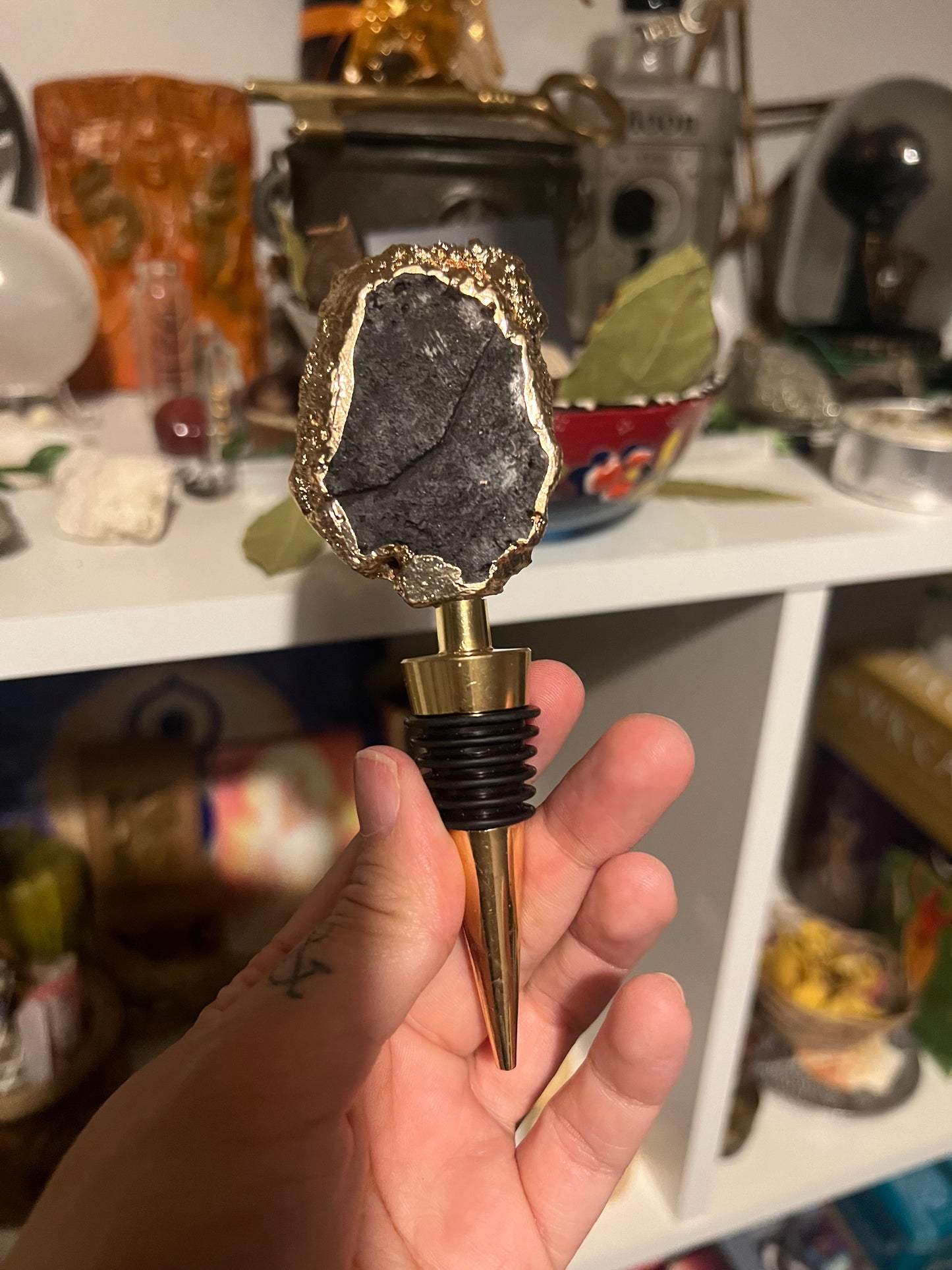 Black Drusy Quartz Geode Gemstone & Gold Bottle Stoppers - Imperfect stock