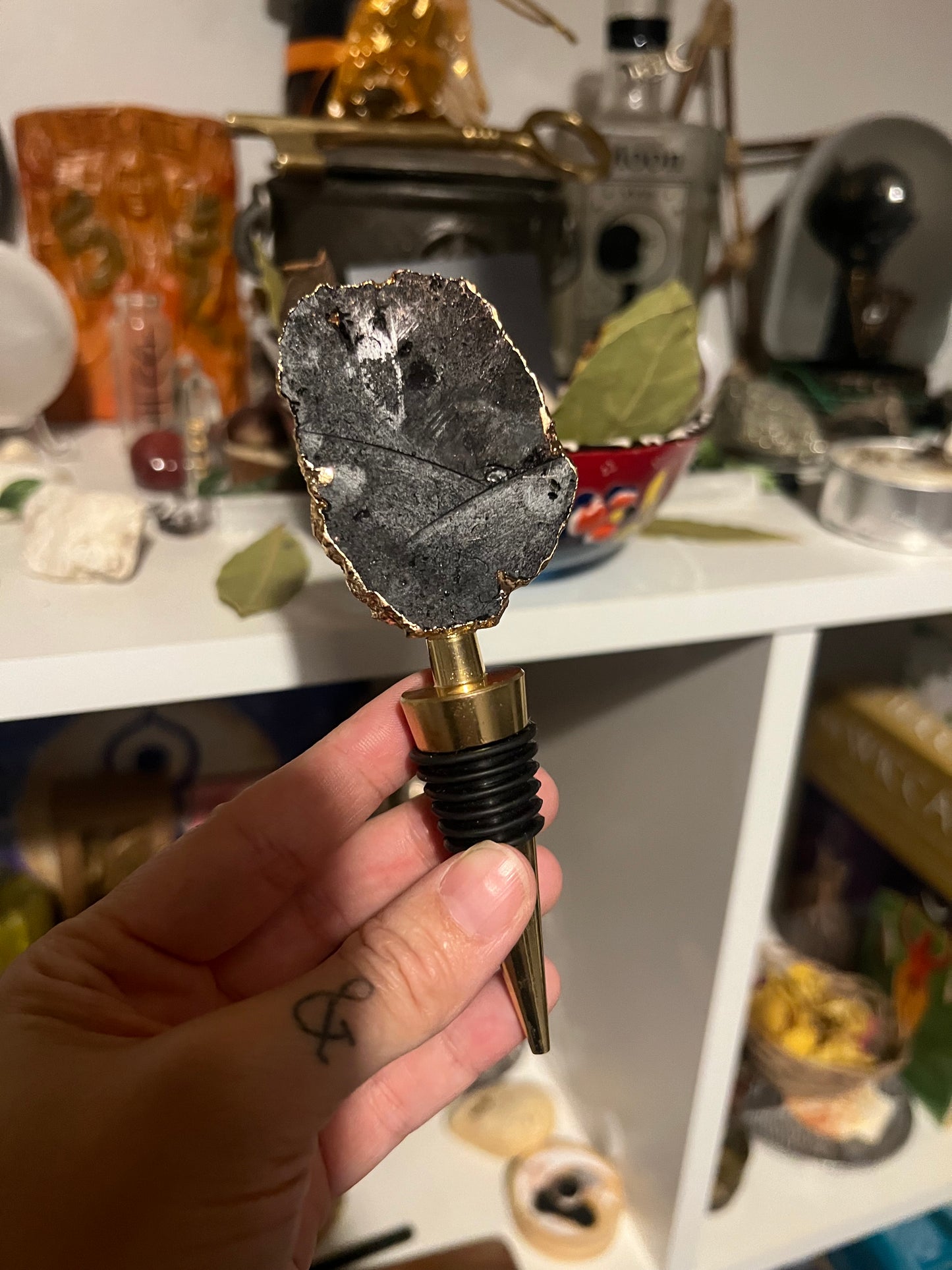 Black Drusy Quartz Geode Gemstone & Gold Bottle Stoppers - Imperfect stock