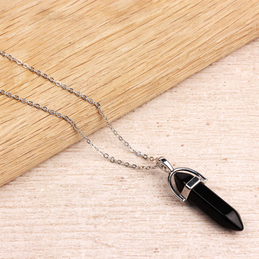 Silver Plated Necklace - Obsidian Pendant