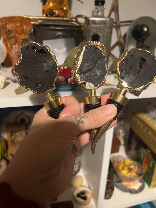 Black Drusy Quartz Geode Gemstone & Gold Bottle Stoppers - Imperfect stock