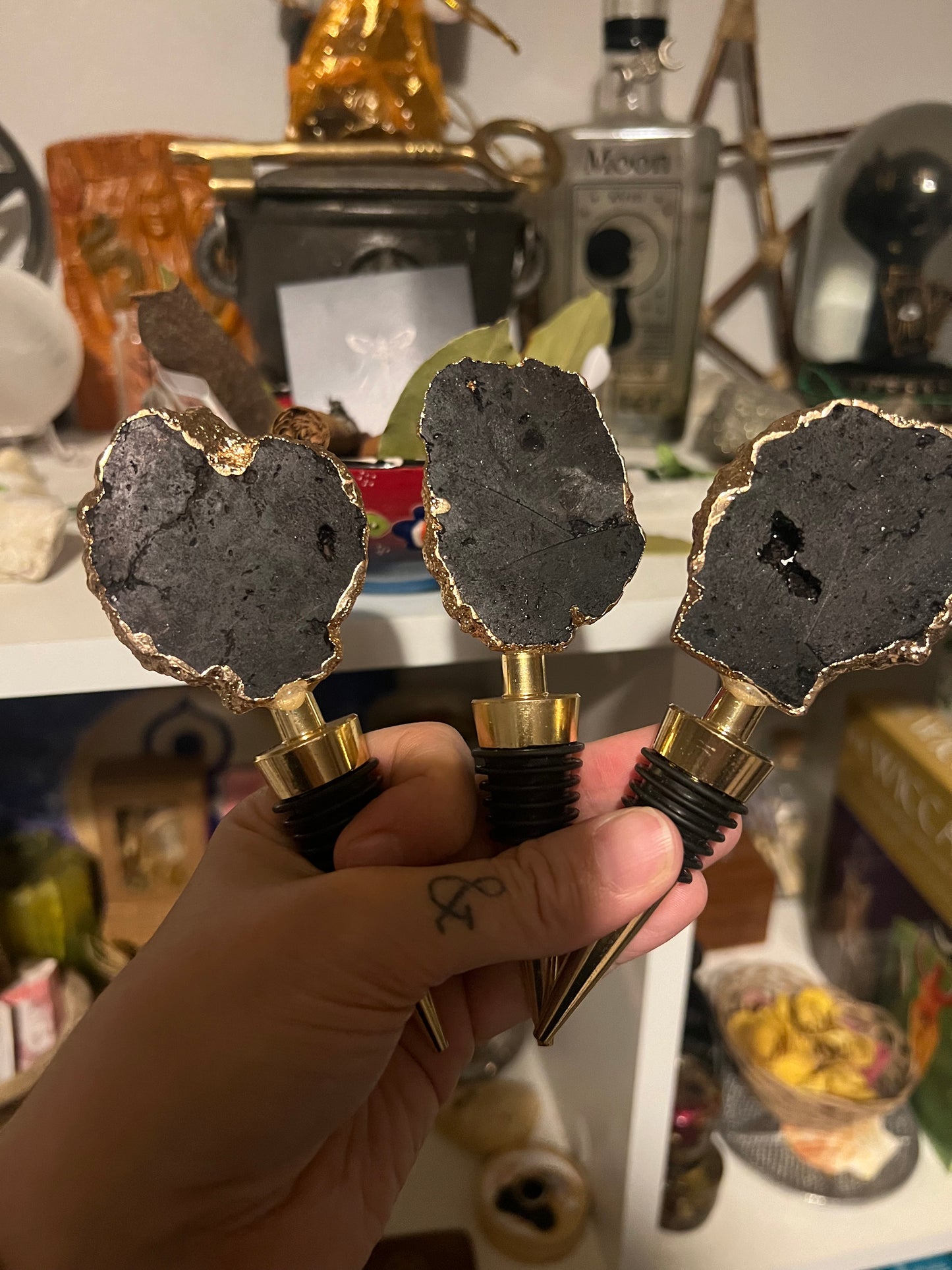 Black Drusy Quartz Geode Gemstone & Gold Bottle Stoppers - Imperfect stock