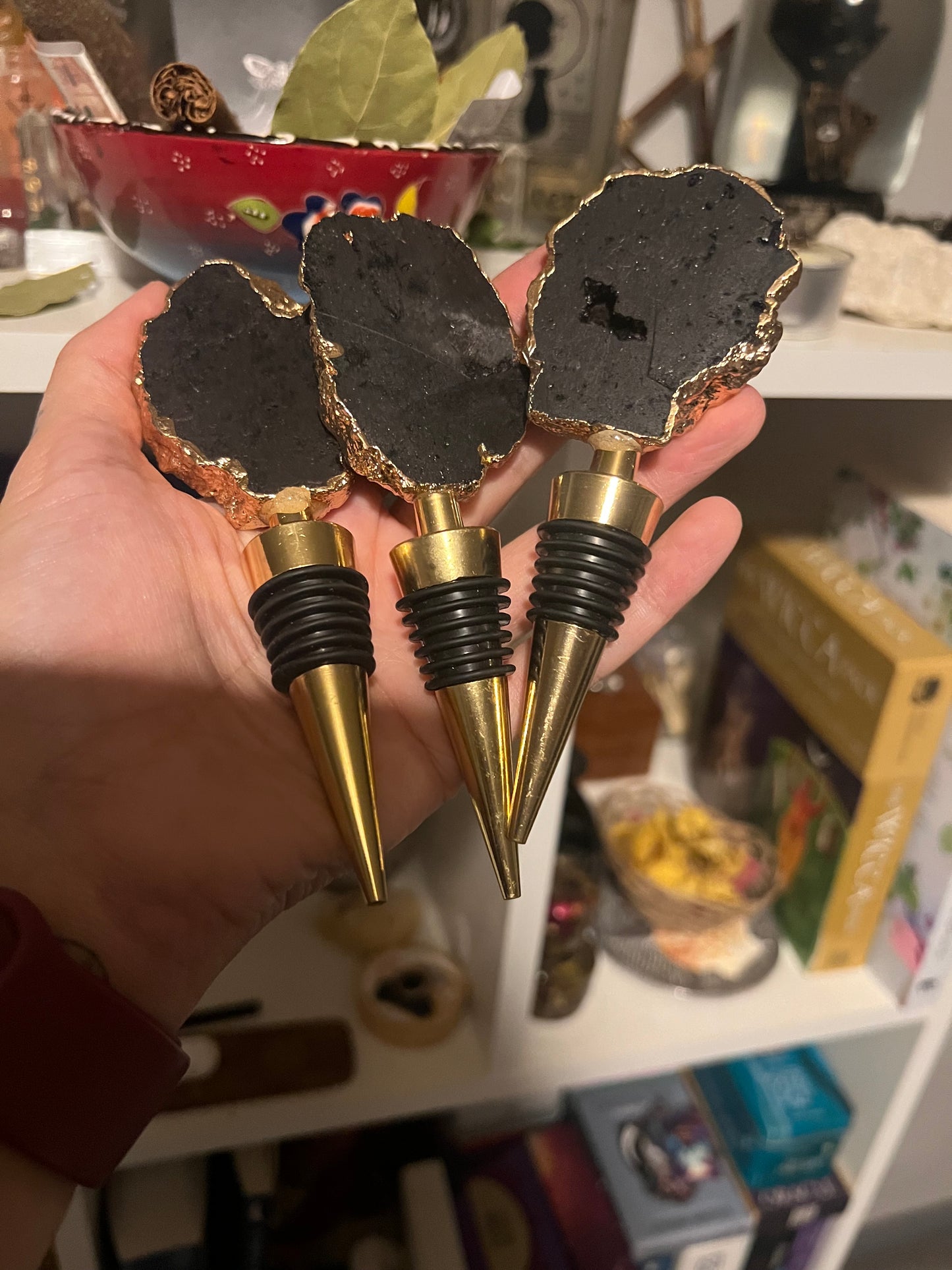 Black Drusy Quartz Geode Gemstone & Gold Bottle Stoppers - Imperfect stock