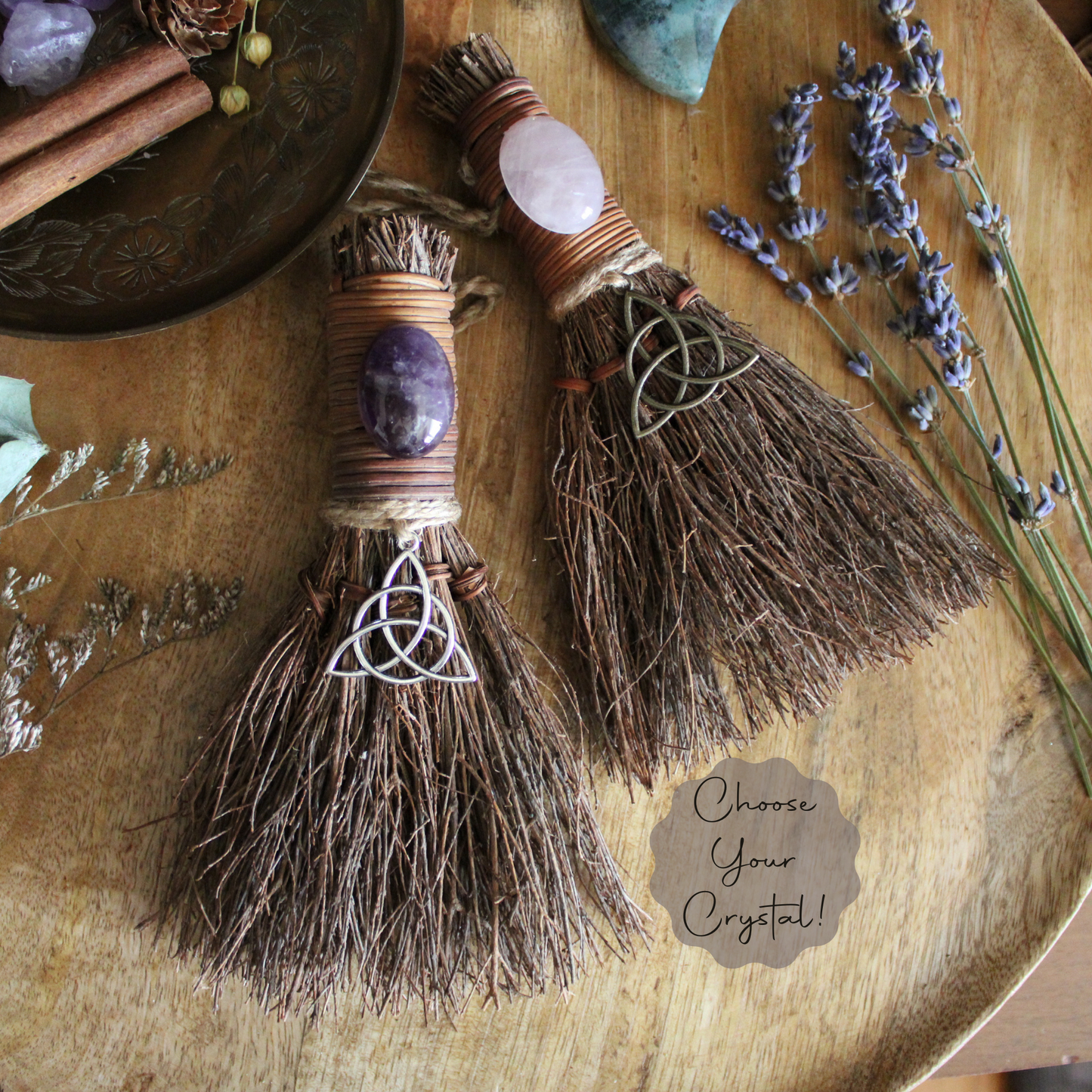 Triquetra Witch's Broom, Witchy Altar Crystal Besom